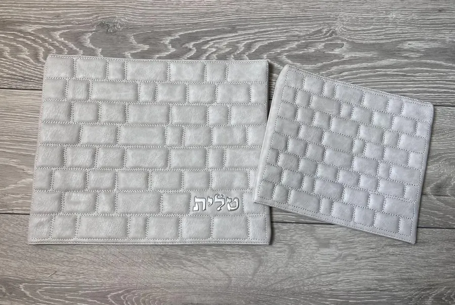 סט כיסויים עבור טלית תפילין בצבע אפור בהיר בצורת הכותל המערבי