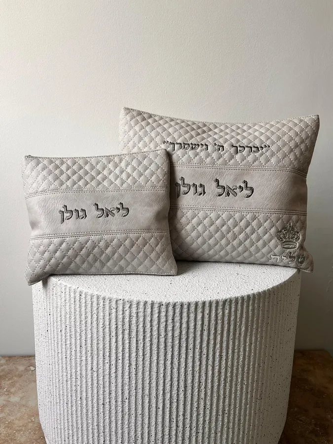 סט כיסויים לטלית ותפילין צבע אבן עם הבלטה של כתר