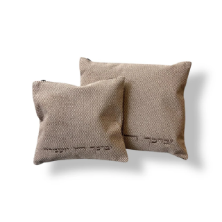 סט כיסויים לטלית ותפילין מבד פשתן בצבע בז' וחום בהיר